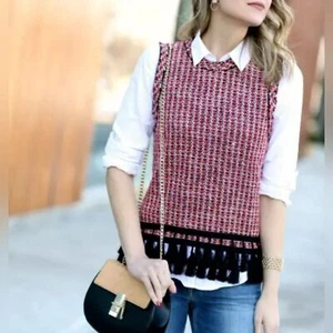 Zara tweed sleeveless Women's shirt vest RED FRINGED Streetwear modern Size L - Picture 1 of 8