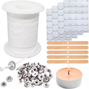 200Ft Candle Wicks Roll Natural Cotton Core Spool w/ 100Pcs Metal Sustainer Tabs - Picture 1 of 11