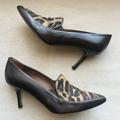 Donald Pliner Toro Brown Leather & Leopard Pony Fur Women’s 9 Heels Pointed Toe - Image 1 of 4