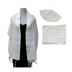 3 PC Wool Tallis Tallit Off White BG & White Stripes ISRAEL By Gabrieli 65 x 18" - Picture 1 of 5
