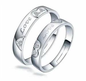 Silver Promise Pave Cubic Zirconia Adjustable Engagement Pair Couple Love Ring - Picture 1 of 6