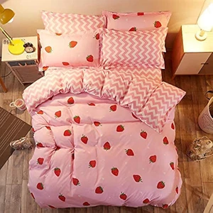 Duvet Cover Set Queen Size Strawberry/Chevron Pattern Sweet Reversible Bedding S - Picture 1 of 8