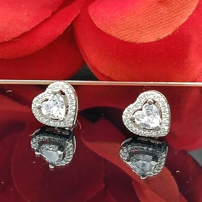 1.ct White Heart Stone simulate Diamond Halo Stud Earrings 14k white gold Plated - Image 1 of 4