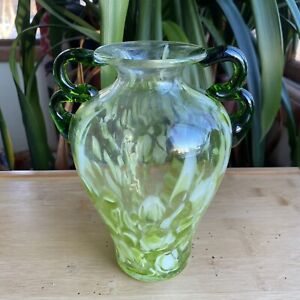 Murano Blown Art Glass Vase Green White Spatter Urn Applied Double Handles