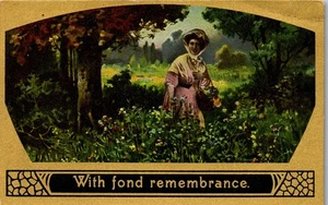 Vintage Postcard Pretty Lady With Fond Remembrance Lady In Field Victorian Style - Picture 1 of 3