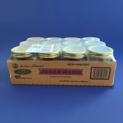 Tarros de gelatina Golden Harvest vintage de 8 oz 12 unidades con bandas y tapas hechos en EE. UU. NUEVOS EN CAJA Foto 1 de 4