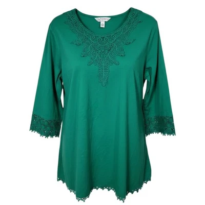 Krazy Kat 钩针编织装饰衬衫波西米亚刺绣束腰上衣,尺寸 L 绿色 — 第 1/4 张图片