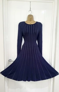 MONSOON size 14 Navy Knitted Jumper Dress Flare NEW BNWT Autumn Winter Stripe - Picture 1 of 5