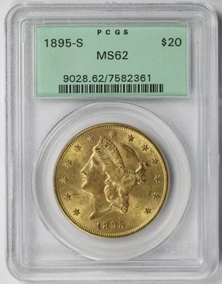 1895-S Liberty Head Double Eagle Gold $20 MS 62 PCGS OGH Foto 1 de 4
