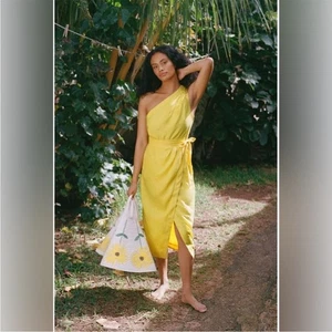 Anthropologie One-Shoulder Linen Yellow Dress 14 Women’s Midi Wrap NWT Summer - Picture 1 of 15