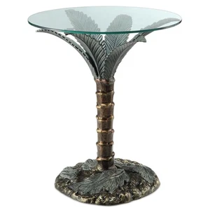 Cast Aluminum Palm Tree Glass Top End Table - Picture 1 of 4