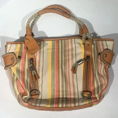 Cole Haan G Series Large Striped Woven & Leather Trim Tote Hobo Shopping Bag - Image 1 of 4