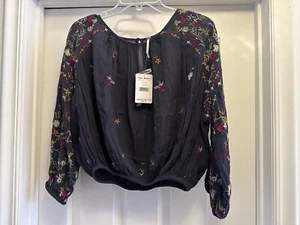 Free People bestickte Bluse Damen Gr. S Indigo Wildblumen Langarm Boho - Bild 1 von 10