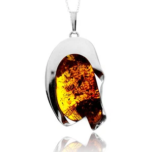 Argento Sterling 925 argento & Cognac Ambra Baltica Pendente Unico w - Foto 1 di 3