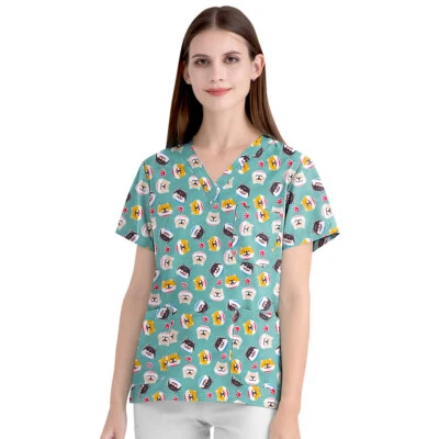 Camisas Médicas Unisex 100% Algodón Estampado Manga Corta Enfermera Médica Cuello en V Foto 1 de 4