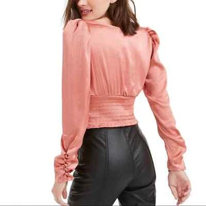 FREE PEOPLE Santiago Large Pink Cinnamon Crop Blouse NEW Puff Shoulder Satin - Picture 1 of 11