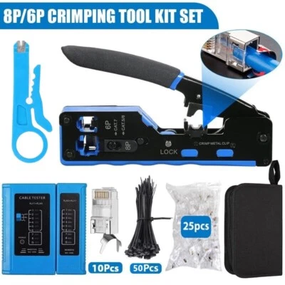 RJ45 CRIMP TOOL KIT Cat5 Cat5e Cat6 RJ45 Pass Through Connectors Tester - Image 1 of 4