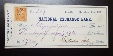 1871 US ELISHA COLT SIGNED AUTOGRAPH DIVIDEND CHECK NAT EXCHANGE BANK COLLINS Co Cover