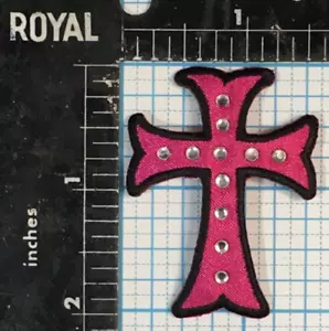 CELTIC GOTHIC CROSS PINK RHINESTONE DESIGN 2” EMBROIDERED IRON ON CLOTH PATCH - Picture 1 of 2