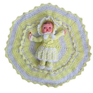 Vintage Doll Face Hand Crocheted Decorative 1970s Bed Decor Yellow Plastic Face - Picture 1 of 7
