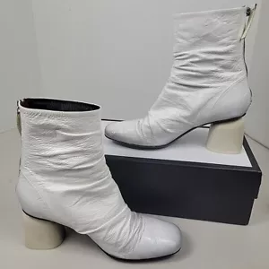 Halmanera White Patent Leather ruched Square Mid Calf Boots Sz 38.5 IT /8.5US - Picture 1 of 10
