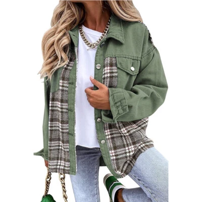 Abrigo chaqueta a cuadros con capucha para mujer Camisa de mezclilla Prendas exteriores con botones Manga larga Top Foto 1 de 4