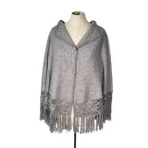 Sanyork Poncho Damen OSFM 100% Alpaka Häkel Quaste Knöpfe grau - Bild 1 von 5