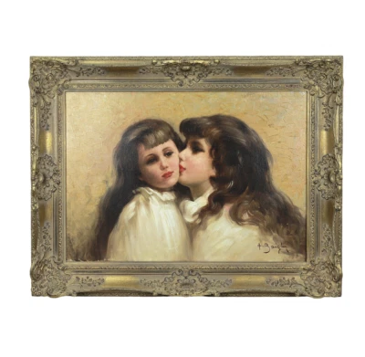 ARISTODEMO BAIGLER Schwestern Ölgemälde Öl auf Leinwand Mädchen Italien - Bild 1 von 4
