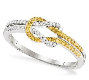10K White Gold Diamond Love Knot Ring Yellow & White Diamond Band .18ct - Picture 1 of 2