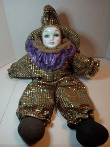 Vintage Mardi Gras Jester Porcelain Head, Hands Doll Purple Gold Sequin 20" Rare - Picture 1 of 4