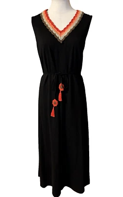 Vestido Chicos Midi 3 XL Azul Marinho Crochê Borla Cinto Elástico Casual Lavável - Imagem 1 de 4