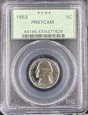 1953 5C Jefferson Nickel, PCGS OGH PR 67 CAM #371629 - Image 1 of 3