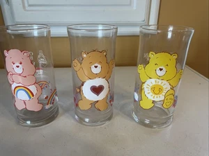 1983 Care Bears Vintage Pizza Hut Drinking Glasses Set of 3 Friend Bear Pattern - Picture 1 of 4
