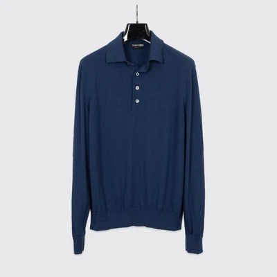 Suéter Polo Tom Ford Talla EU54 Hombres Sólido Azul Marino Oscuro Tejido Lana Acanalado Borde Foto 1 de 4
