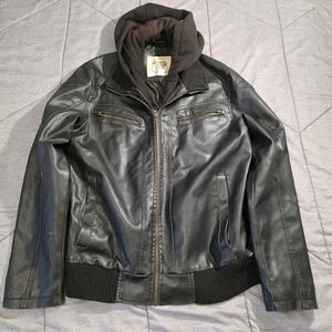 Vintage Route 66 Faux Black Leather Lined Zip Out Hooded Jacket Mens Large 90s - Picture 1 of 17