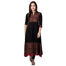 Indian Women Designer Black Printed Kurta Kurti Long Dress A-Line New Pakistani