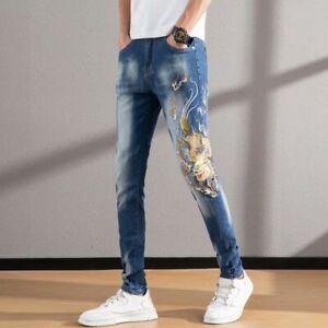 Men Fit Ripped Jeans Stretch Pencil Slim Embroidered Denim Pants Trousers