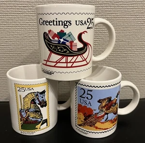 Lote de (3) tazas de café de cerámica con sello de 25 centavos USPS vintage (años 80) - Imagen 1 de 12