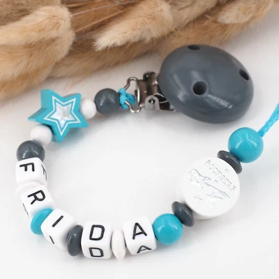 MOTZISBUNTEWELT Schnullerkette mit Namen Junge ★ ROCKSTAR & STERN ★ Babygeschenk ★ türkis grau
