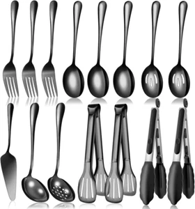 Black Stainless Steel Serving Utensils Set, Large Metal Serving Spoons, Slotted - Picture 1 of 7