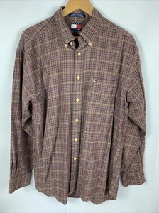 VTG 90s Tommy Hilfiger Button Down Shirt Mens Sz L Red Blue Plaid Long Sleeve - Picture 1 of 7