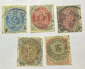 Lot of 5 Vintage Denmark Stamps 1875 Scott 26, 28,29,30,31 Used Hinged - Picture 1 of 10