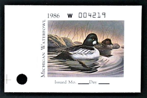 1986 Michigan Duck Stamp with "hole" tab, #MI11 Goldeneyes, $$$ Below Face $$$ - Afbeelding 1 van 2