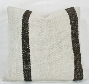 Funda de Almohada Decorativa Hecha a Mano Cáñamo Turco Kilim 20" Marrón Blanco Kilim Cojín - Imagen 1 de 9