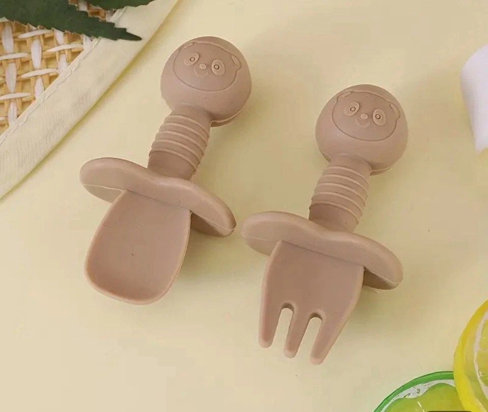 Short Handle Feeding Fork Spoon, Food Grade Silicone PBA Free- Dark Beige - Image 1 of 1