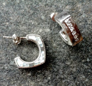 Halbcreolen, 925er Silber, Perlmuttmosaik, Zirkonia, Eckige Form, 16 mm,Top Zust - Bild 1 von 8