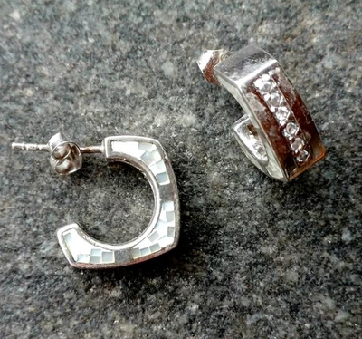 Halbcreolen, 925er Silber, Perlmuttmosaik, Zirkonia, Eckige Form, 16 mm,Top Zust - Bild 1 von 4