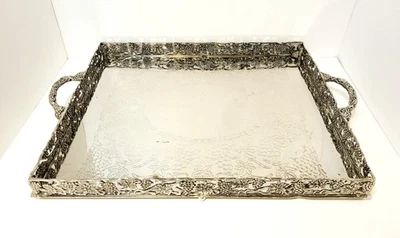 Bandeja de vid ornamentada rectangular plateada Godinger de colección con asas 22,5"x15,5" Foto 1 de 4