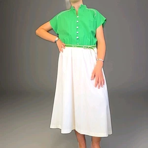 Vintage 70s Melissa Lane Dress Green White Colorblock Short Sleeve Button Belted - Picture 1 of 7