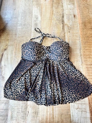 Merona Women's Brown Leopard Tankini Swimsuit Top Tie Halter Padded Cup Large - Image 1 of 4